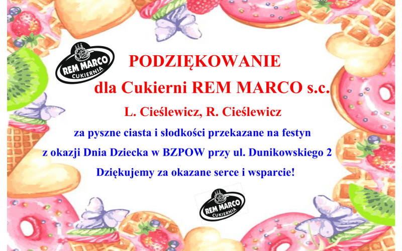 Podziękowania dla cukierni Rem Marco
